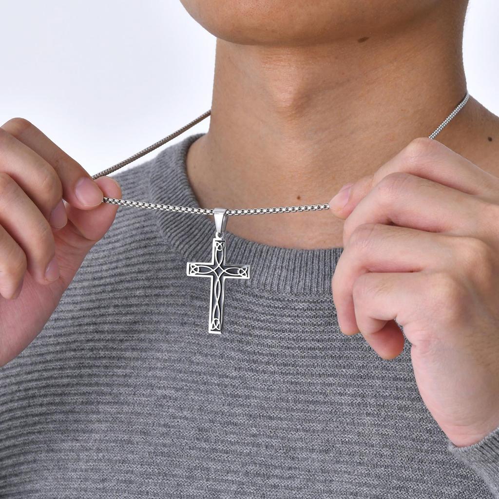 Mprainbow Mens Ethnic Celtic Cross Necklaces, Waterproof Stainless Steel Viking Knot Pendant with Box Chain,Prayer Faith Collar