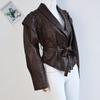 2024 Autumn/Winter Cross-border Fashion Lapel Tie Long Sleeve Leather Jacket