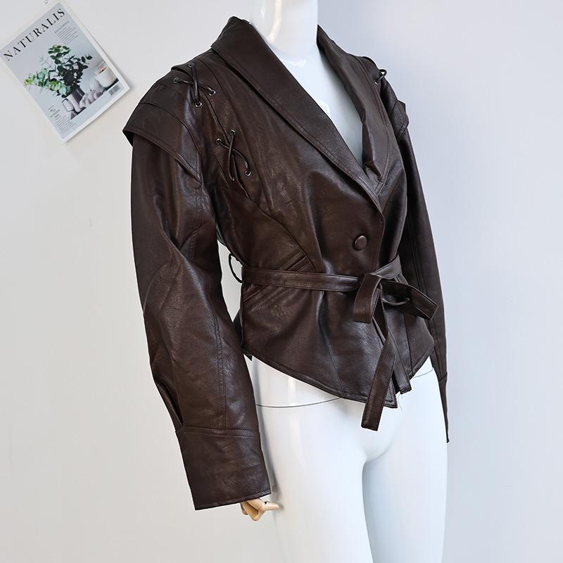2024 Autumn/Winter Cross-border Fashion Lapel Tie Long Sleeve Leather Jacket