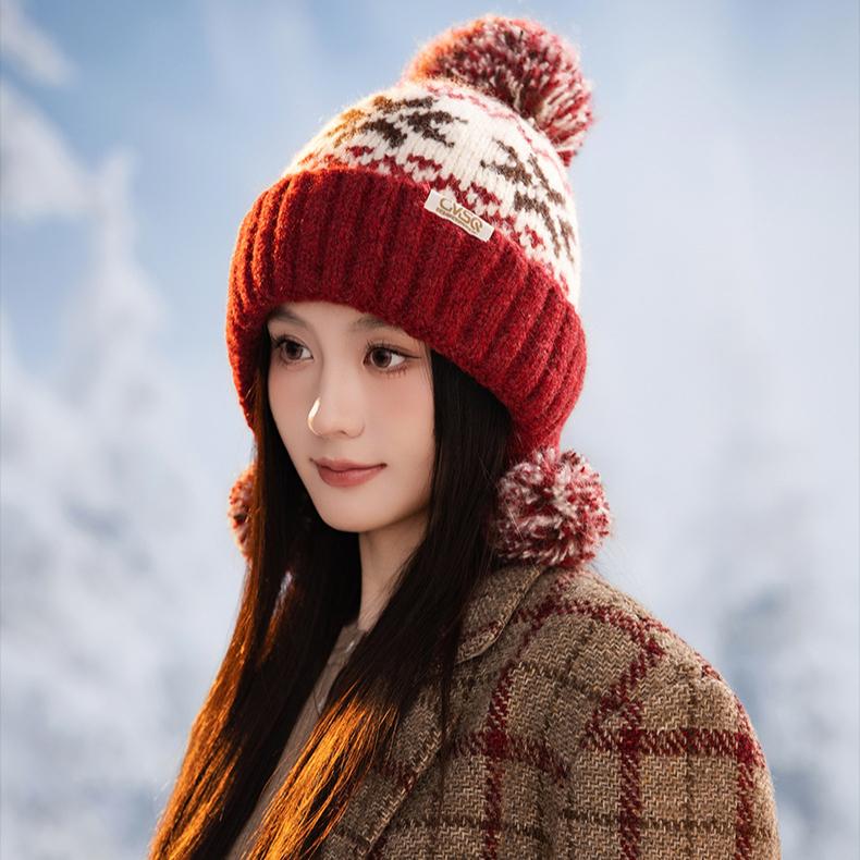 Ladies Snowflake Christmas Wool Hat Winter Fleece Thickened Cold Warm Hat Outdoor Travel Ear Hat New