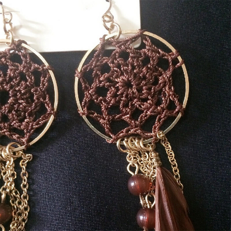 New Bohemia Ethnic Feather Beads Long Design Dream Catcher Earrings For Women