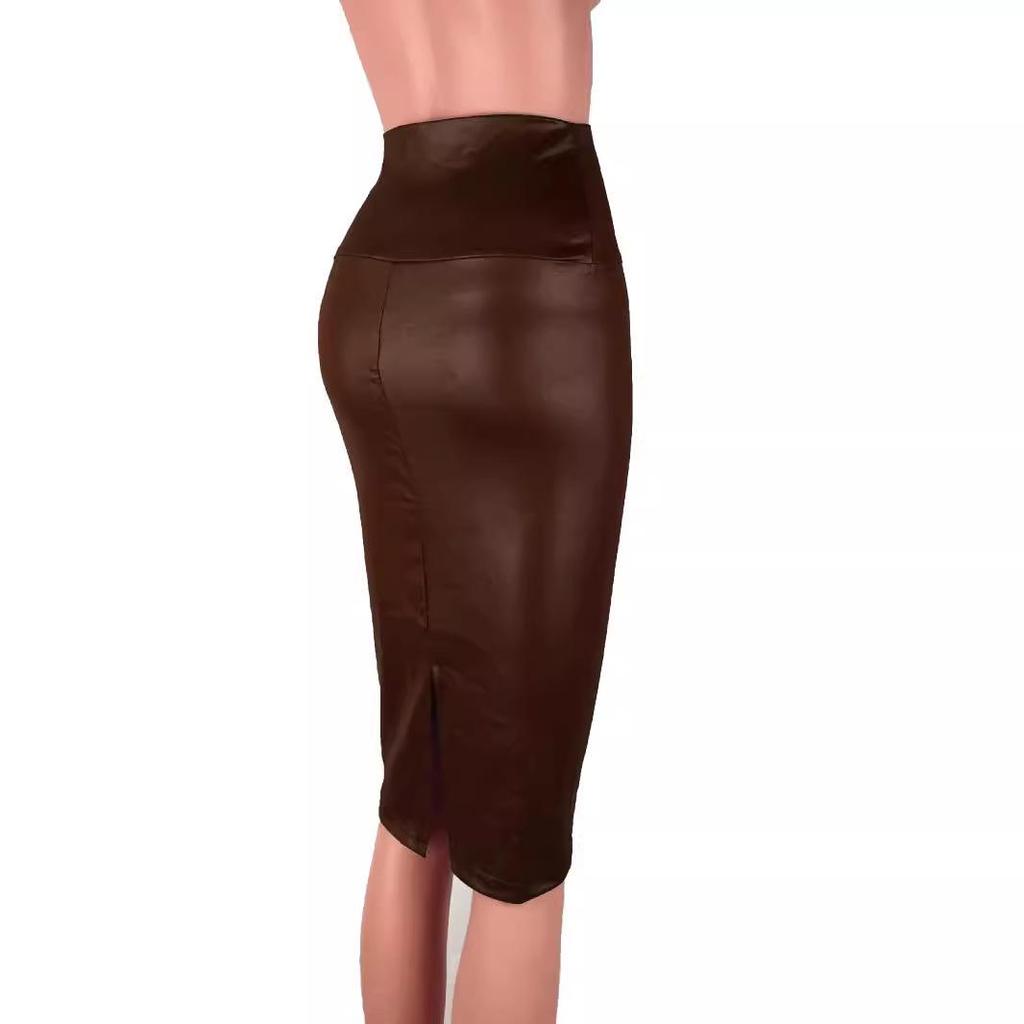Evropský a americký styl Sexy PU Faux kůže S vysokým pasem Ke kolenům Rozparek Midi sukně