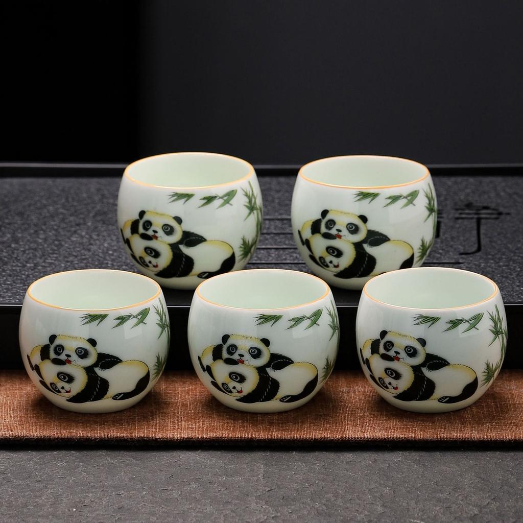 High-grade white porcelain cute teacup jadeite green panda kung fu teacup Jianzhan master cup large ceramic cup tea cup
