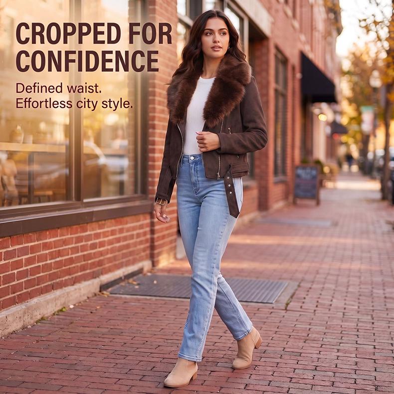 Women’s Faux Fur Coats 2 Way Wear Outfit Detachable Fur Collar Zipper Jacket Matte Faux Suede Crop Top Stylish Motobike Wear