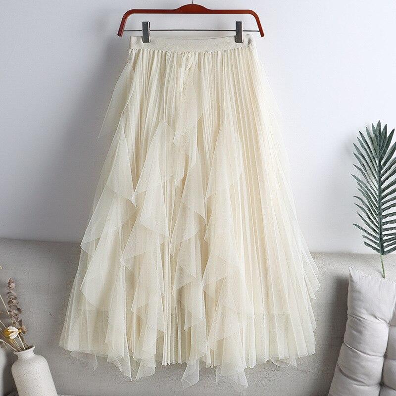 Lente Zomer Knielengte Tule Rokken Vrouwen Elastische Hoge Taille Party Geplooide Korte Rok Vrouwen Lange Rok, Hemelsblauw, Eén Maat