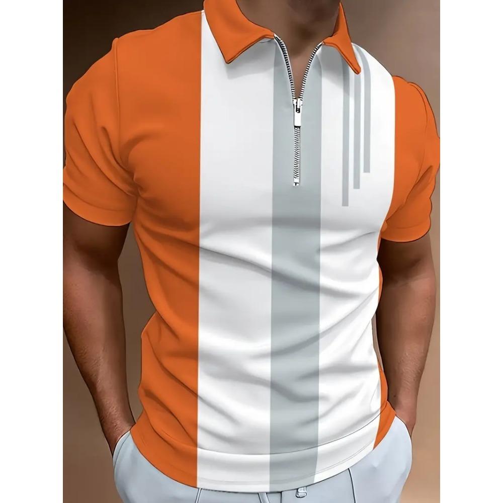 Men's Zipper Polo Shirt, Wave Triangle Shirt, 3D Printed, Retro, Short Sleeve, Loose, Comfortable, Street, Summer, New Style