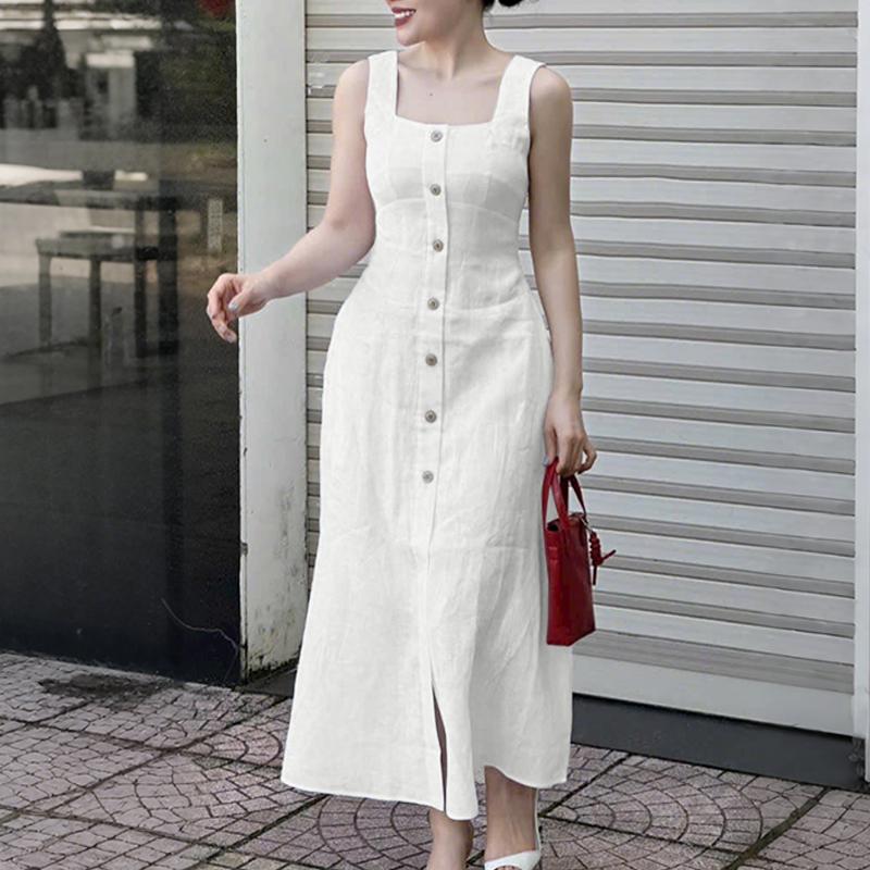 ZANZEA Women Square Collar Summer Casual Sleeveless Dress