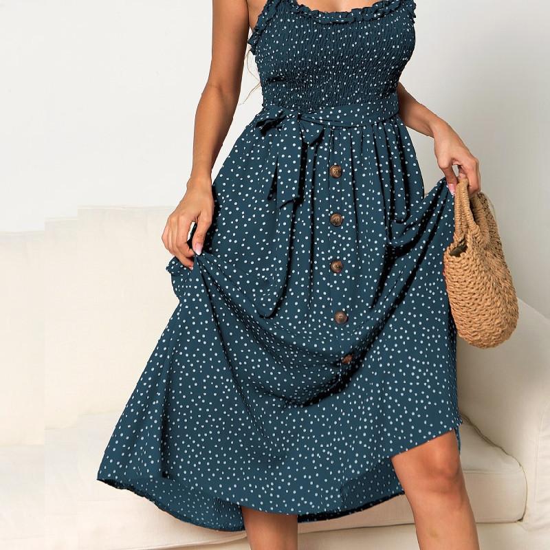 Polka Dot Print Princess Dress With Ruffle Trim Spaghetti Straps