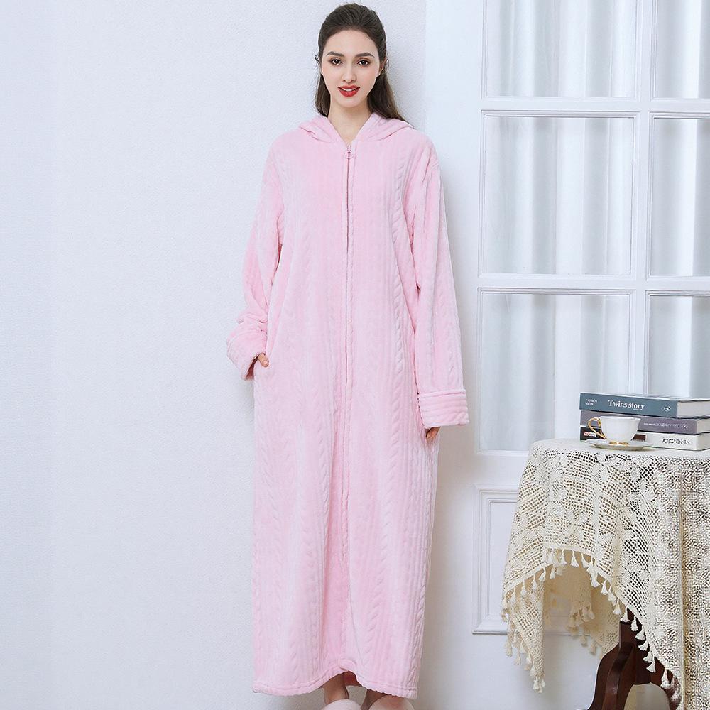 Winter Flannel Hooded Nightgown: Thick Coral Fleece, Long Sleeve, Plus Size, Ready Stock
