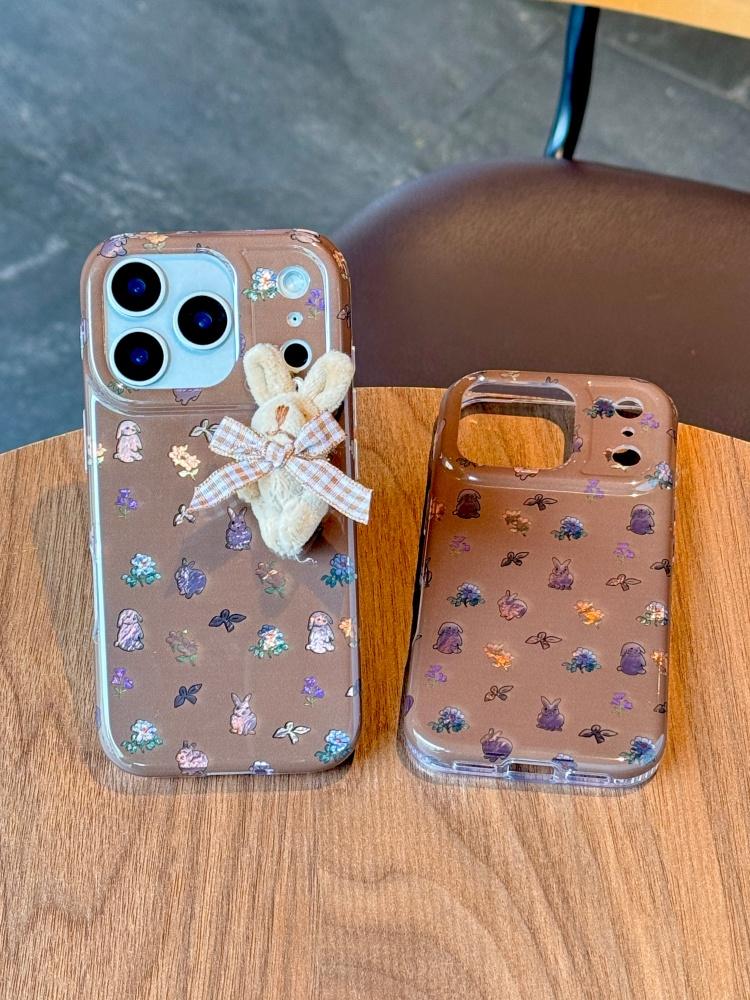 Kawaii Bunny Pattern with Plush Rabbit Charm Cute & Unique Phone Case for iPhone 17 16 15 14 11 12 13 Pro Max Plus Back Cover