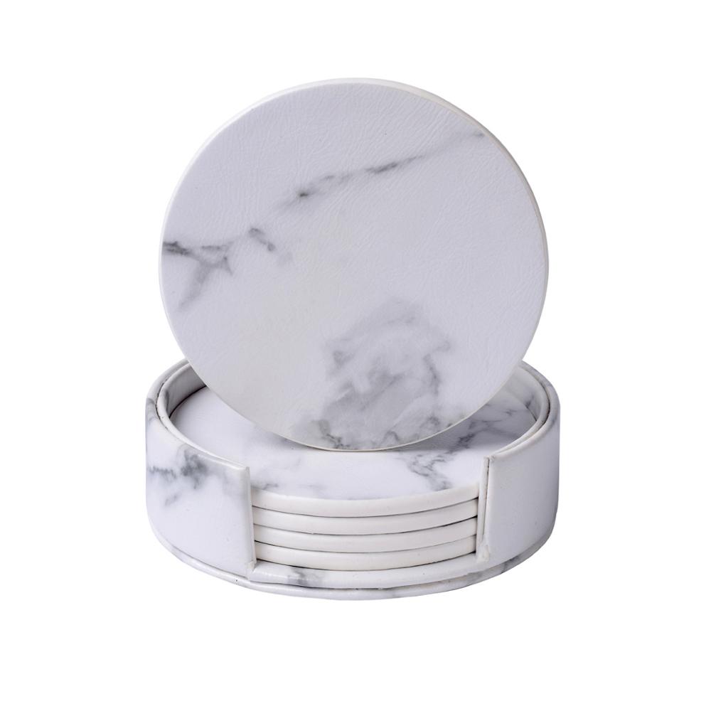 

6 PCS Creative PU Leather Marble Coaster Drink Coffee Cup Mat Tea Pad Dining Table Placemats Table Black White Chic Decoration