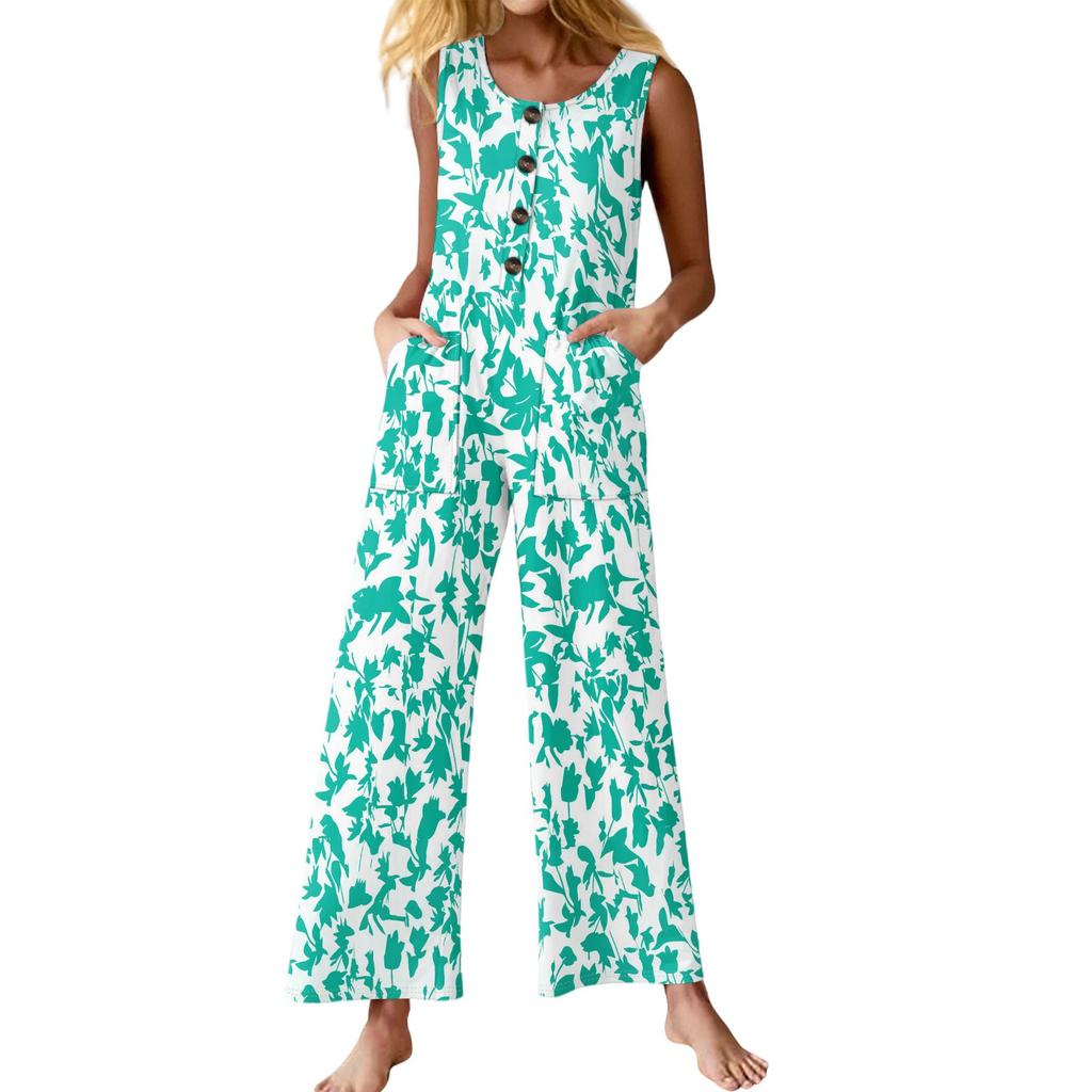 Women's Fashion Casual Button Sleeveless Jumpsuit Floral Flower Print Cotton Pocket Jumpsuit