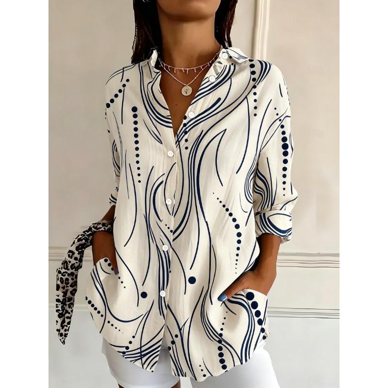 Women's Long Sleeve Abstract Wave Print Button Down Casual Shirt Elegant Daily Blouse Tops in White Blue for Spring Summer
