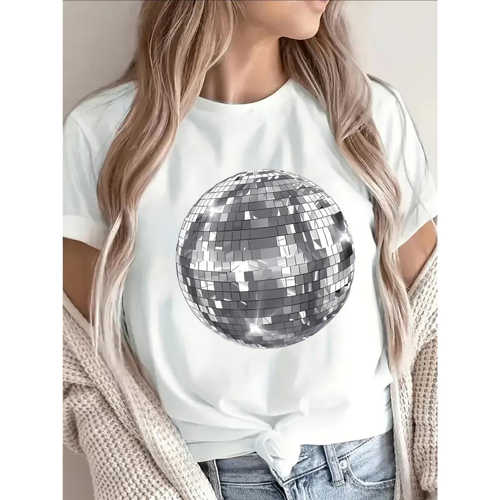 Black T-Shirt with A Shiny Disco Ball Design, Ideal for Parties, Clubs, or Casual Outings, Perfect for Nightlife and Dance Events