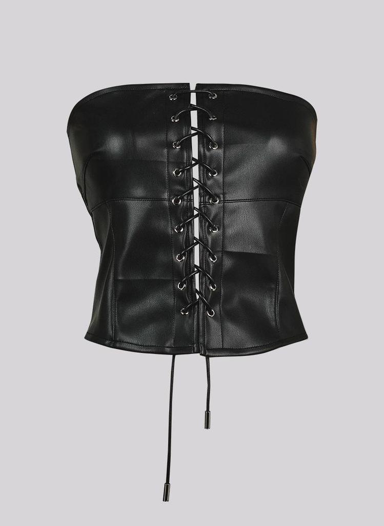 European & American PU Leather Retro Lace-Up Bandeau Crop Top for Women - Sexy, Short, Tight-Fitting, Beautiful Back, Customizable, Outdoor Wear.