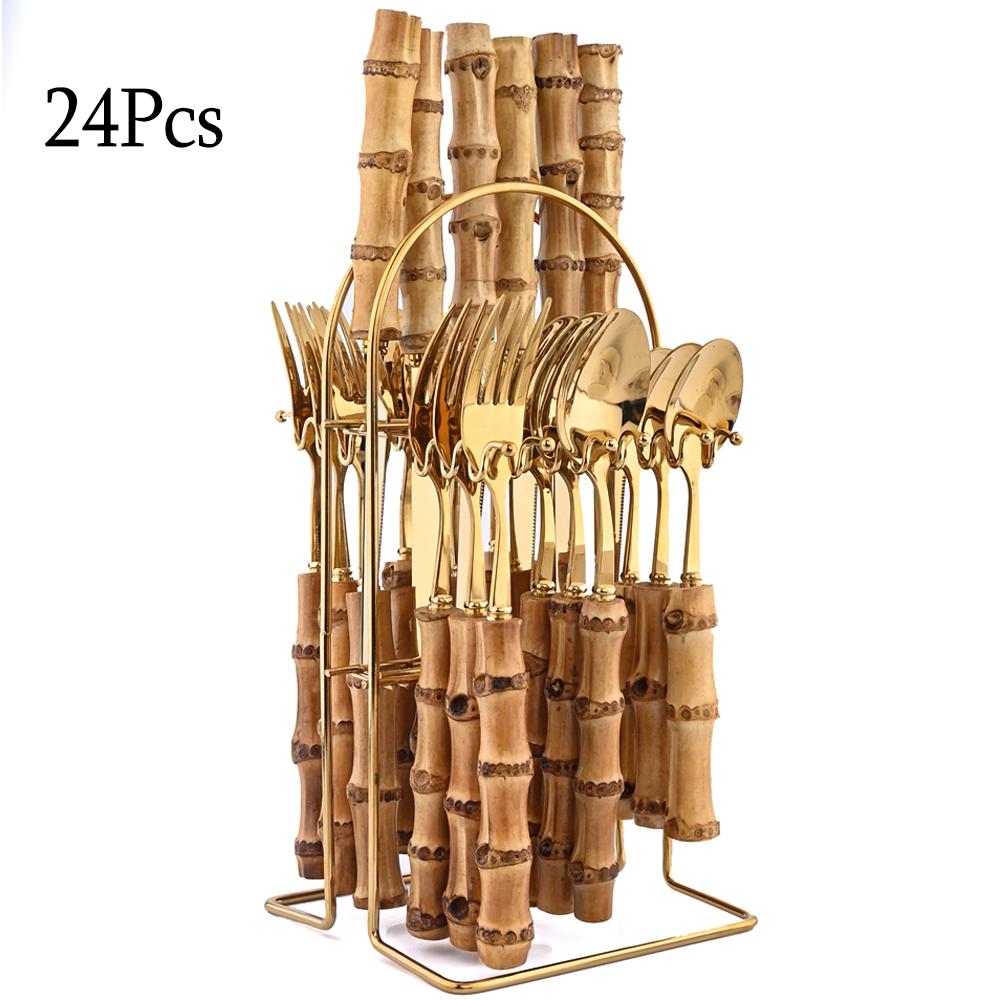 24Pcs Tableware Sets Bamboo Handle Stainless Steel Cutlery Set Creative Dinnerware Knife Fork Spoon Mirror Flatware