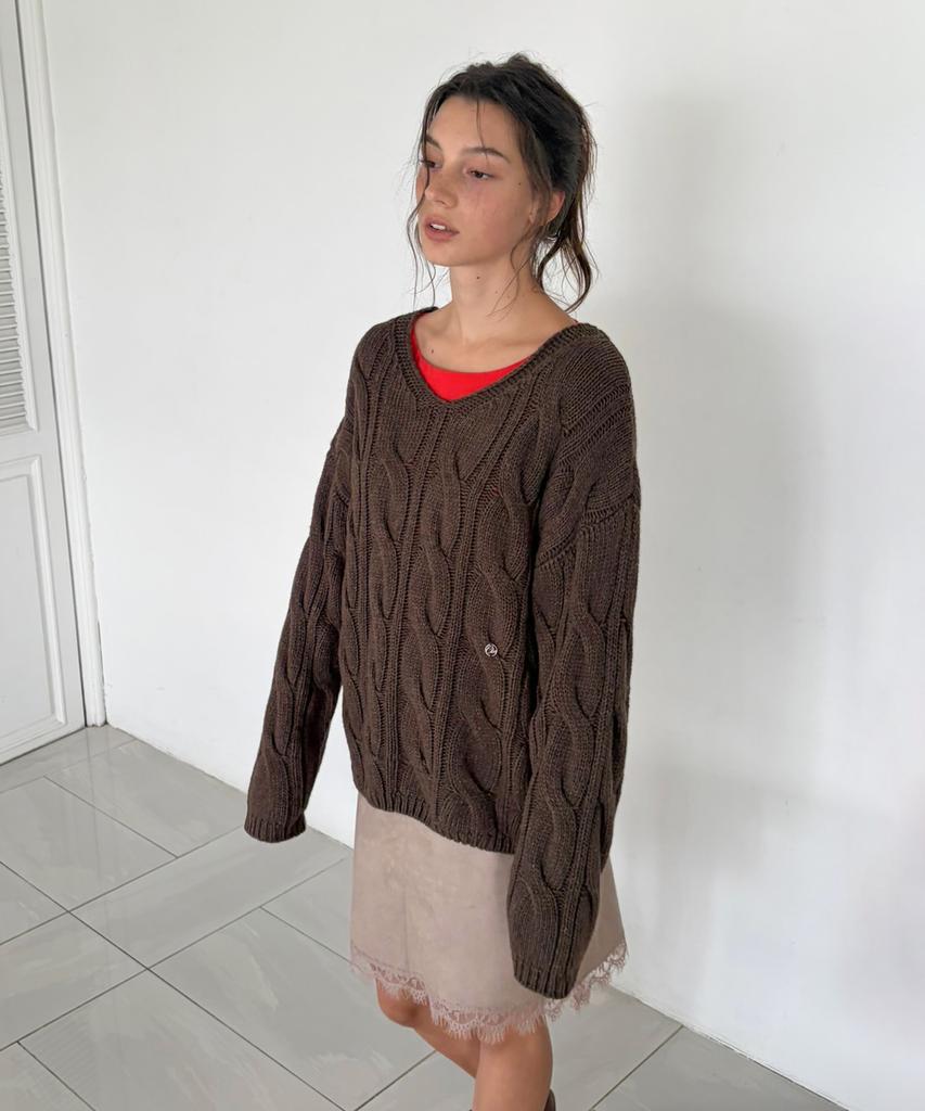 CITTA Wool Blend Cable V-Neck Knit_Ctk281(Brown)