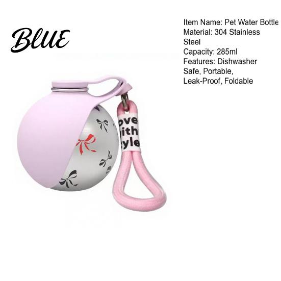 10 Oz Pet Water Bottle Portable Dog Ball Stainless Steel Bottle Leak-Proof Convenient Refill with Foldable Silicone Bowl for Outdoor Walks Travel