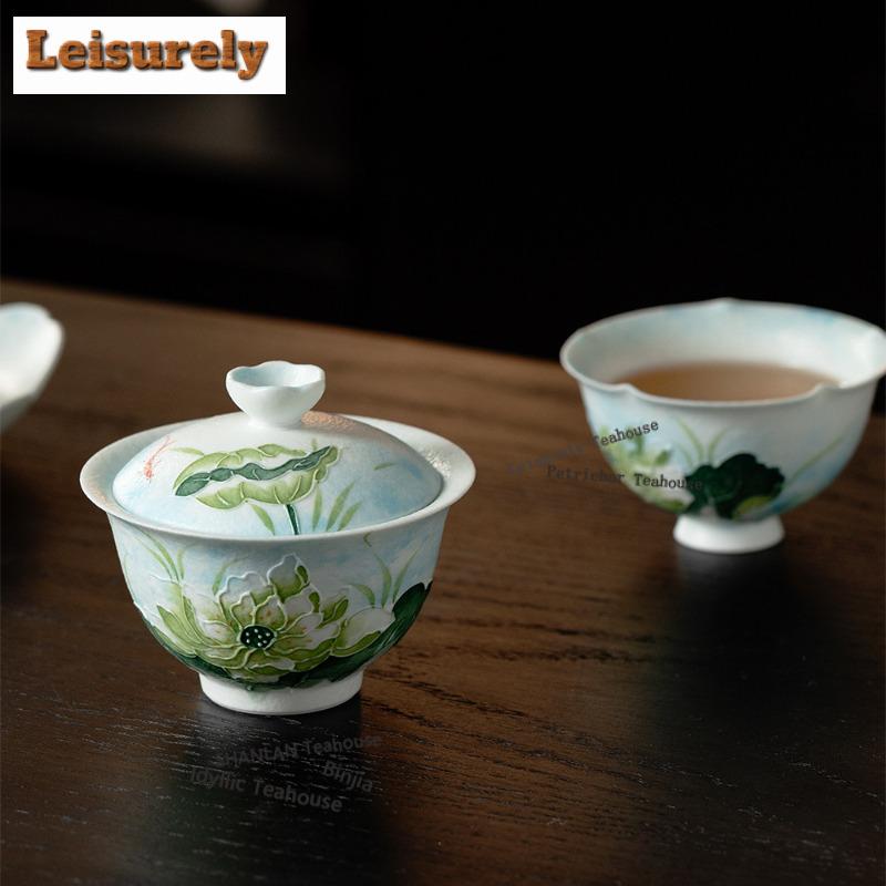 120ml Handbemalte Arita Porzellan Lotus Gaiwan Antike Teeterrine Teeschale mit Deckel Set Teezubereiter Deckelschale Trinkgeschirr Handwerk