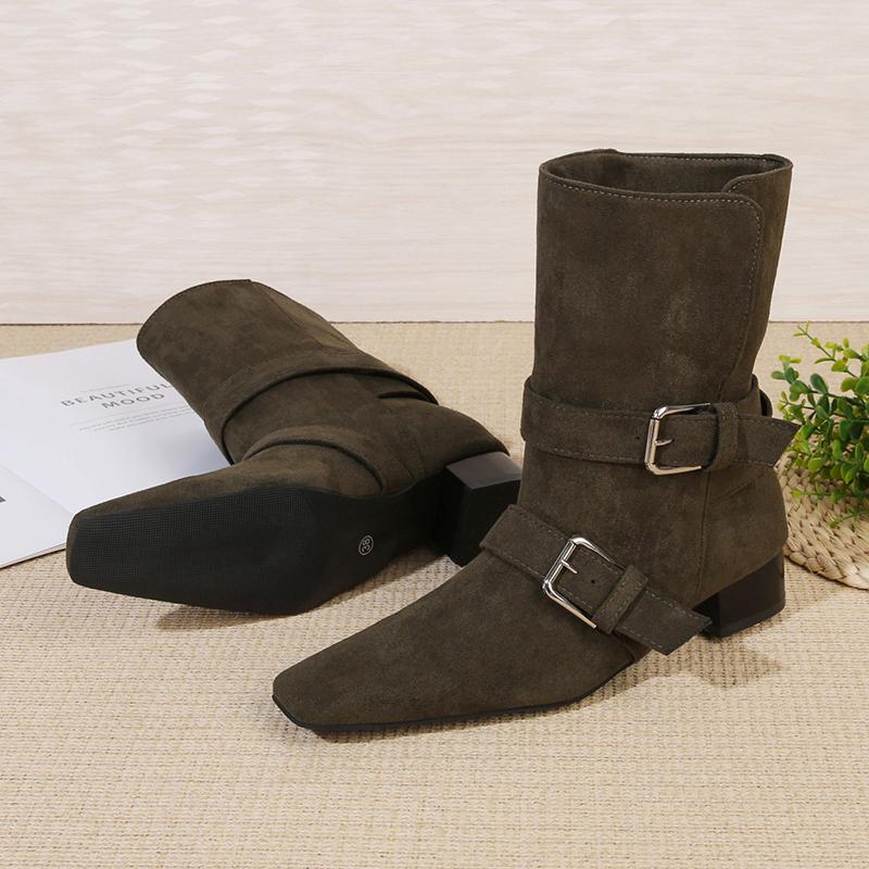 Fashion Women Heeled Ankle Boots 2025 Winter Suede Fashion Buckle Shoes Designer Elegant Short Boots Dress Pumps New Classical Zapatos