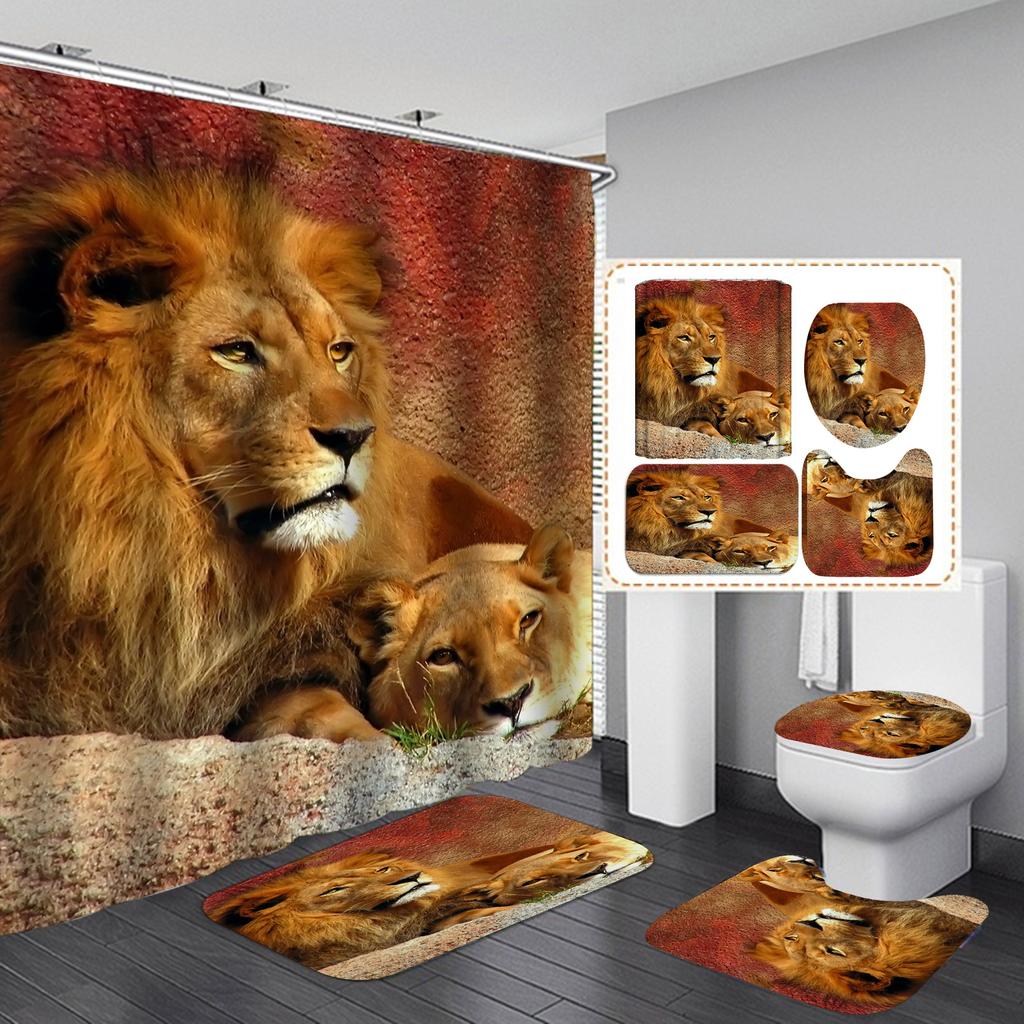 Seturi de perdele de duș din seria Lion 4 buc pentru baie Covoare de baie antiderapante Capac capac de toaletă Covoraș de baie
