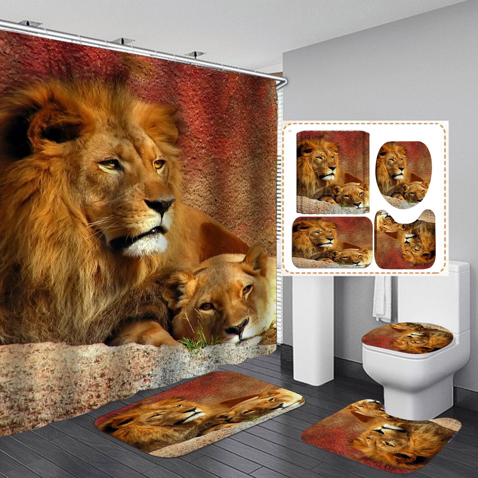 

4 шт. наборы занавесок для душа серии Lion для ванной комнаты, нескользящие коврики для ванной комнаты, крышка для унитаза, коврик для ванной
