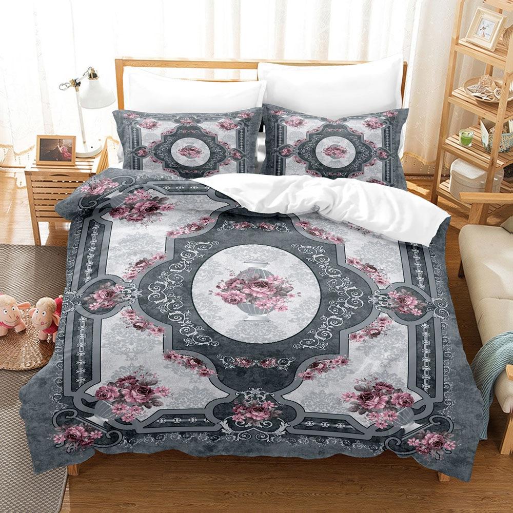 Vintage Court Print Bettbezug, Digitaldruck Blume Feder Dreiteiliges Set