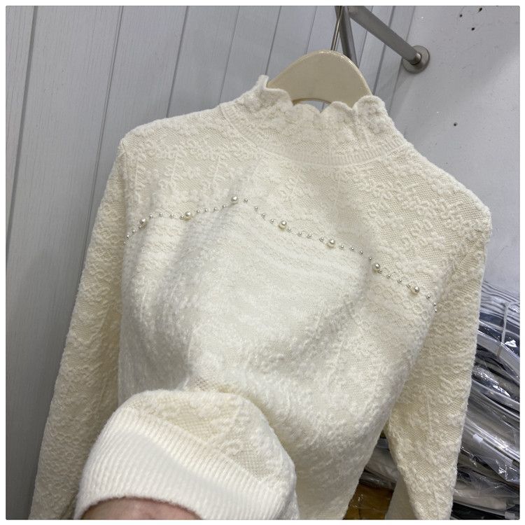 Women's Jacquard Knit Sweater Autumn Winter  Soft Warm Beads Slim-fit Pullover Knit Top Stretch Knit Sweater