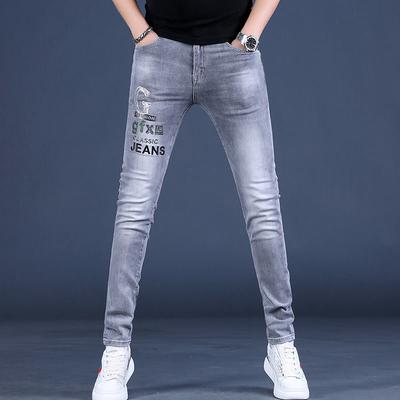 Summer Hot Drill Printing High-end Men's Jeans Men Tide Slim Small Foot Hole Trousers Trend Trousers