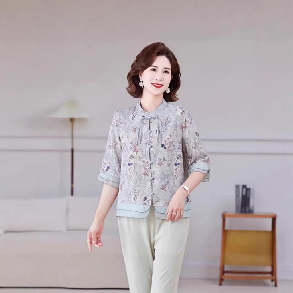 Muttertag Ethnische Stil Kurzarm Sommerbluse für Damen: Altersreduzierender Neuer Chinesischer Stil