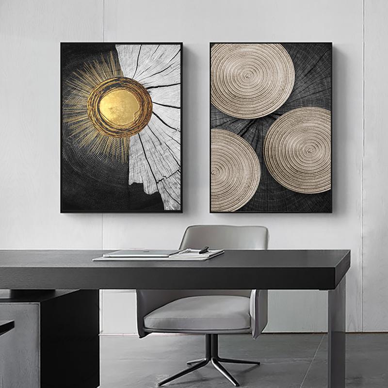 Modern Abstract Golden Black Canvas Painting Wood Texture Nordic Posters and Prints Wall Art Pictures for Living Room Home Decor