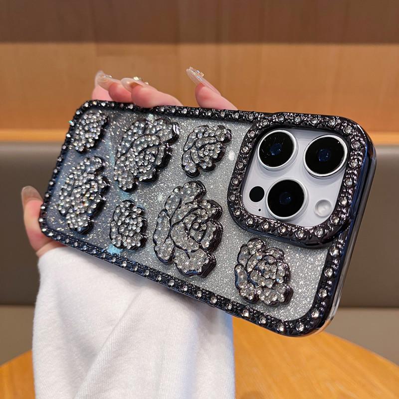Applicable To IPhone16ProMax Rose Mobile Case Inlaid with Rhinestones Apple 15 Luxury Electroplating 14 Protective Case