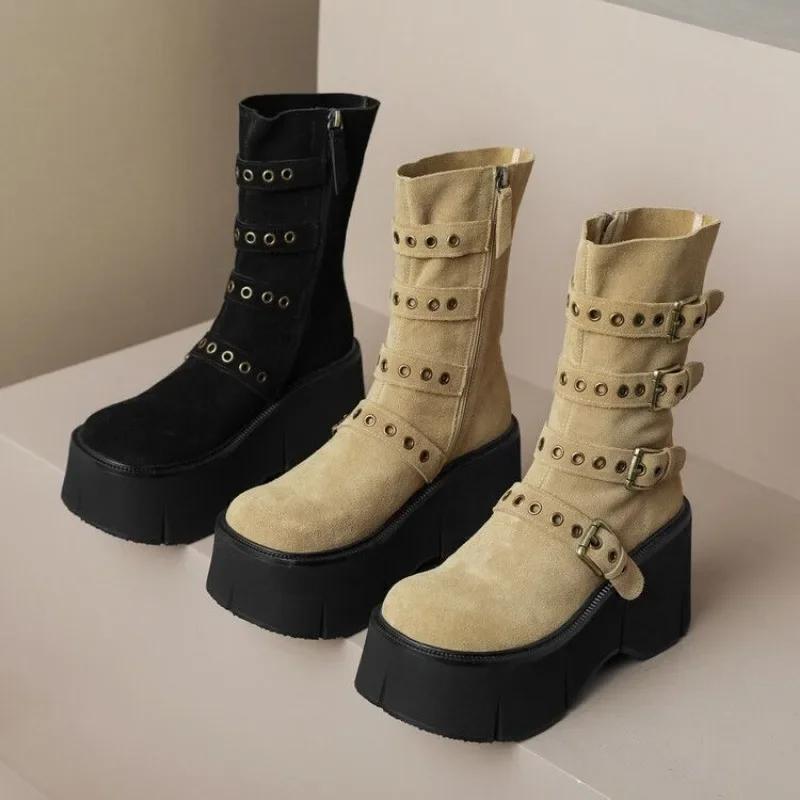 Shoes for Women New Pin Buckle Design Women's Boots Comfortable Wedge Platform Goth Shoes Winter Stylish Zipper Short Boots