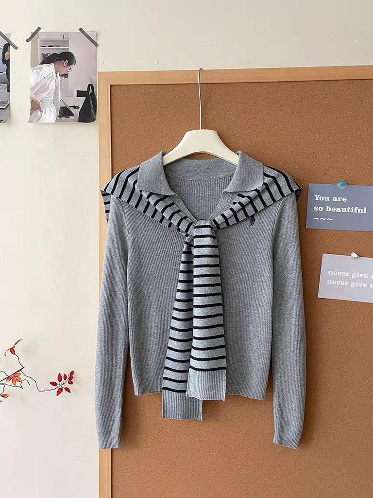 Women's Grey Striped Slim-Fit Long Sleeve Sweater, Autumn 2025 Collection