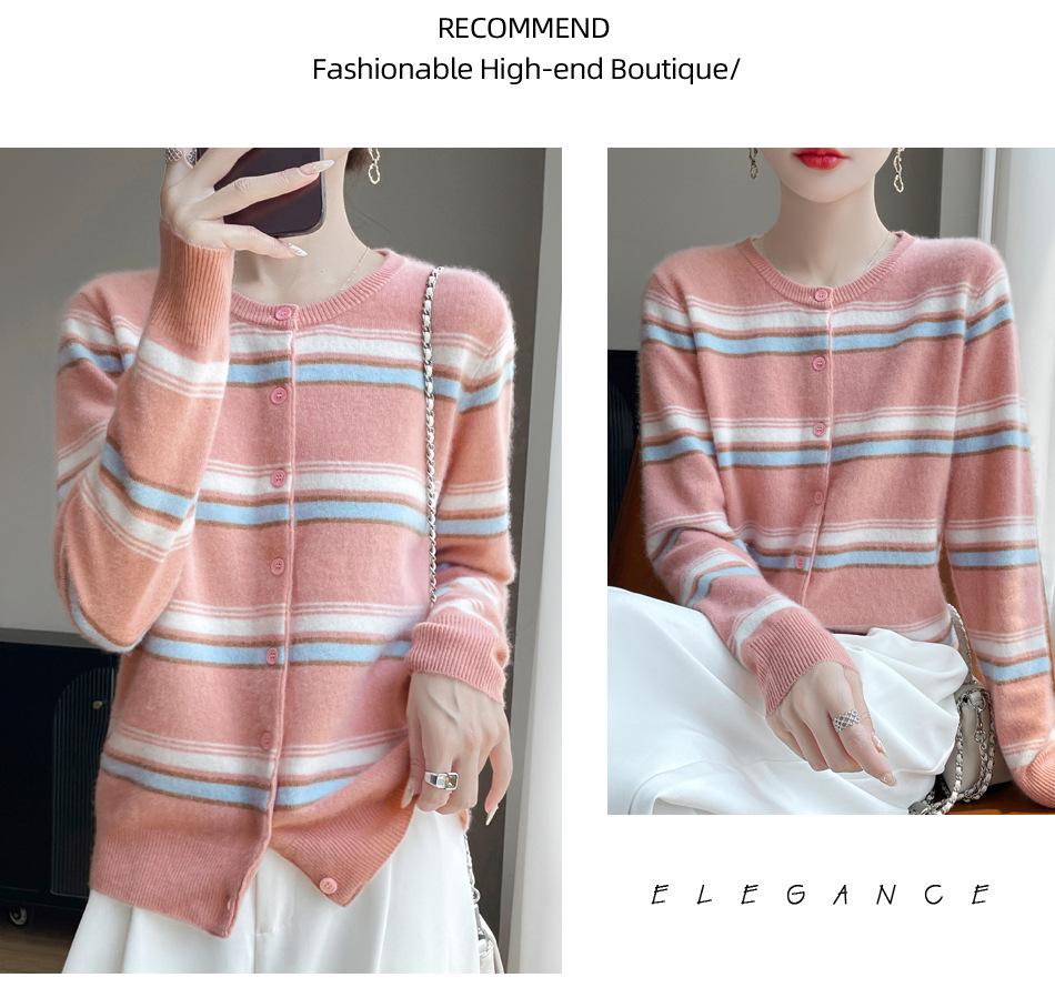 100% Wool Striped Cashmere Button-Up Sweater for Women - Korean Style, Autumn/Winter Collection