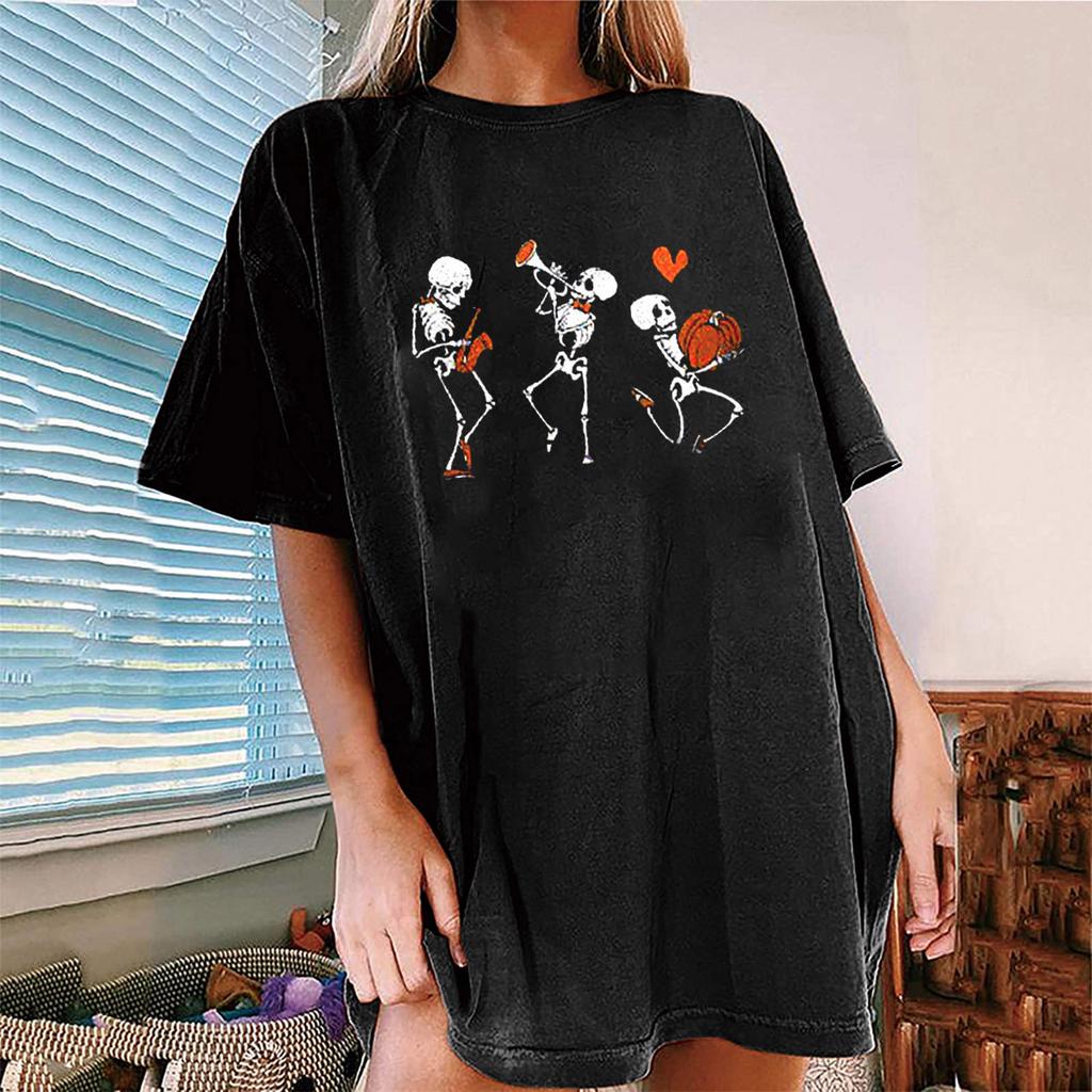 Women's Loose Blouse Round Neck Short Sleeve Halloween  Print T-shirt Top