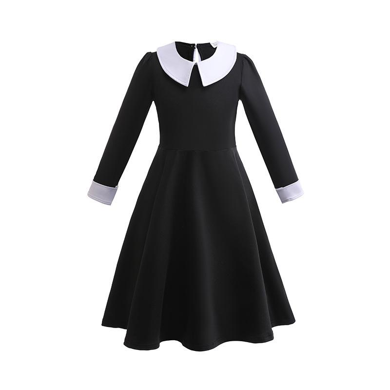 Wednesday adams black dress print dress cosplay costume adams family cos costume halloween