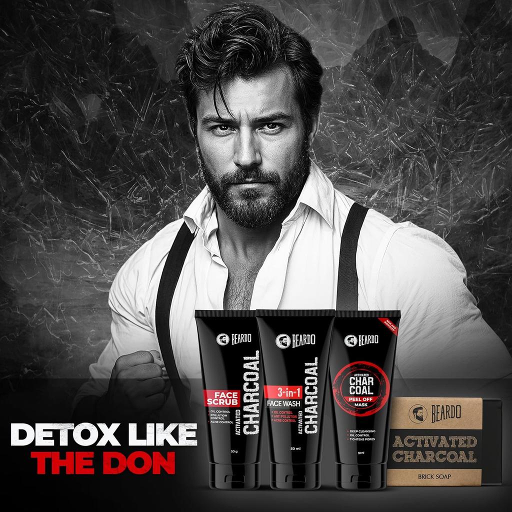 Beardo Charcoal 4 In 1 Men Grooming Kit Face Wash Scrub Peel Off Mask Soap Deep Clean Skin Care Gift Set Pack