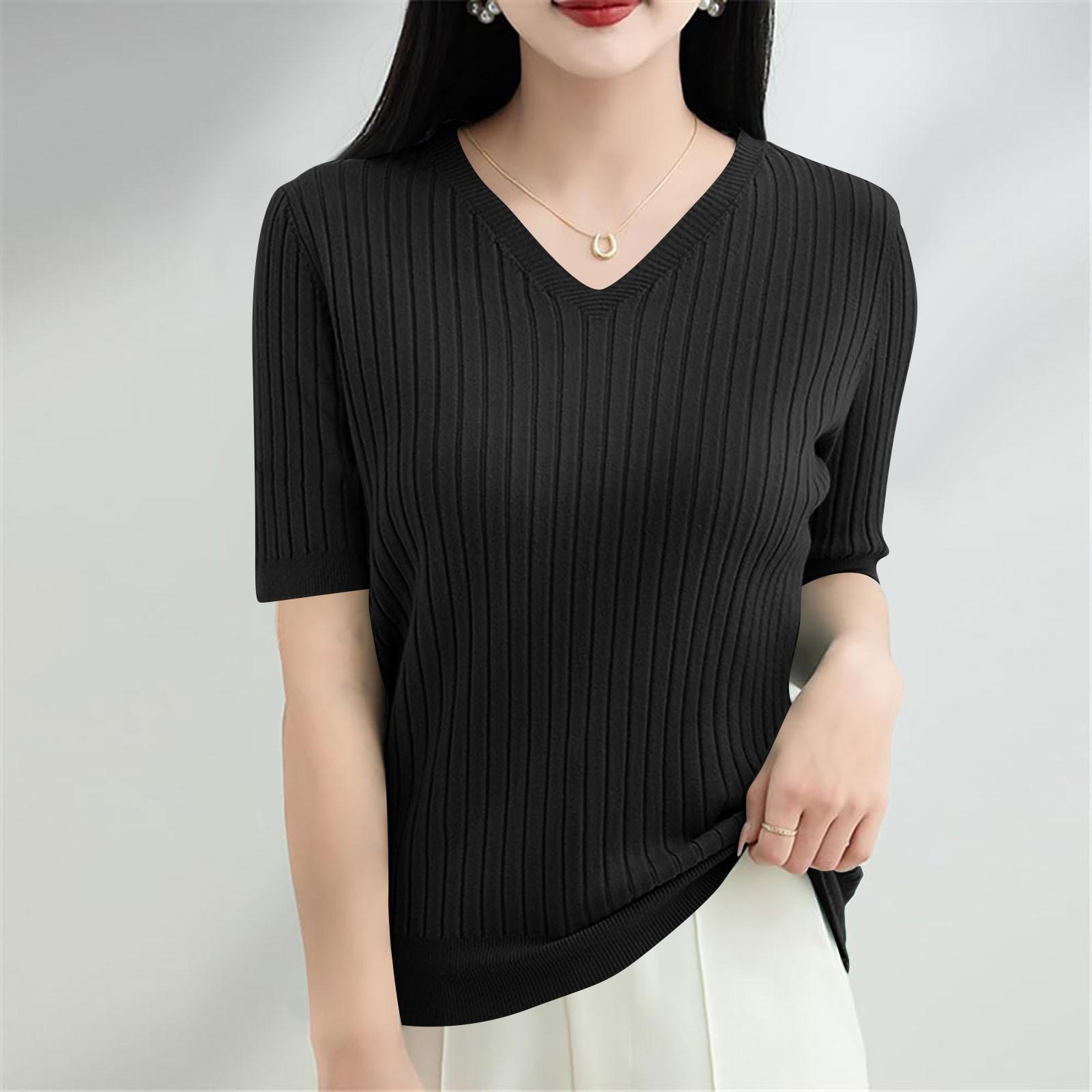 

Женская мода свободный трикотажный свитер нижняя часть рубашки V-образный вырез пуловер короткий рукав однотонный топ L чёрный