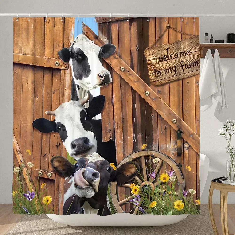 Funny Farmhouse Highland Cow Shower Curtain Vintage Western Bull Cattle Rustic Country Shower Curtains Funny Animals Bath Decor
