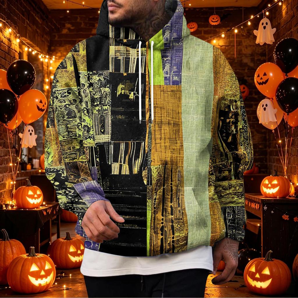 Men's Vintage Hoodie with Print and Patchwork Design, Single Pocket Casual Top