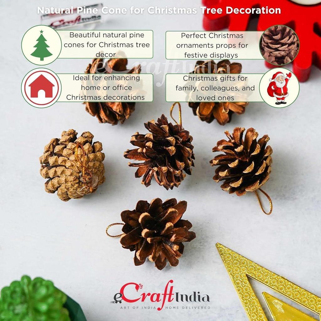 Natural Pine Cone for Christmas Tree Decoration (Pack of 6) | Christmas Ornaments Props | Christmas Decorations Items for Home Office