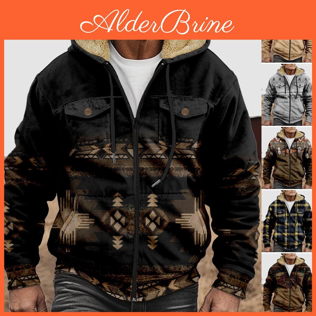 Winter Fleece Mens Hooded Zipper Sweatshirt With Patch Pocket Casual Jacket