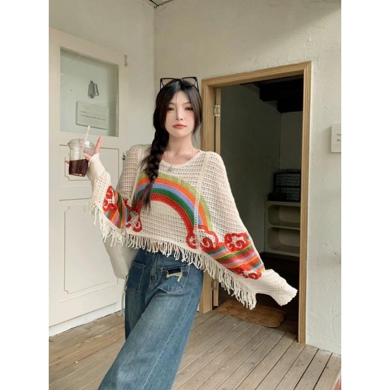 Rainbow hollow women's sweater Crochet lace colored knitted sweaters Spring Autumn Stacked Woman Trendy Fashion Loose Top