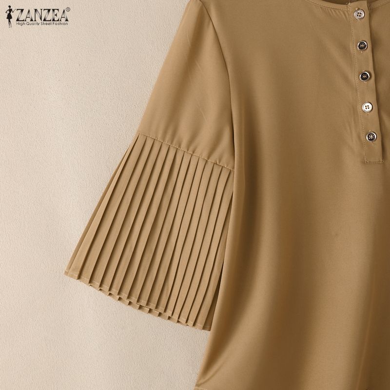 ZANZEA Women Casual Round Neck Solid Color 3/4 Sleeve Loose Blouse