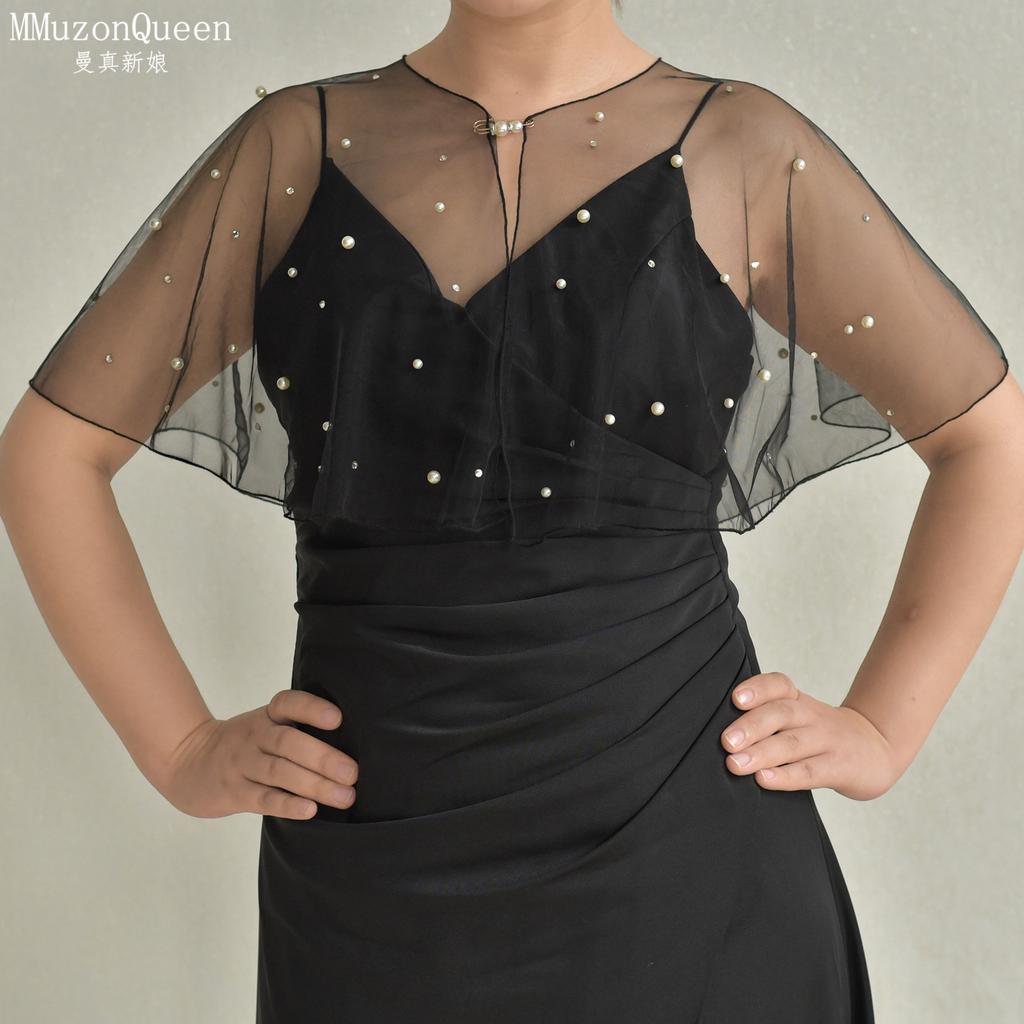 Pearl Beaded Sheer Tulle Cape Shrug, Round Neck Front Pearl Clasp Short Flare Sleeve Mesh Cover Up for Strapless Wedding Bridal Evening Gown