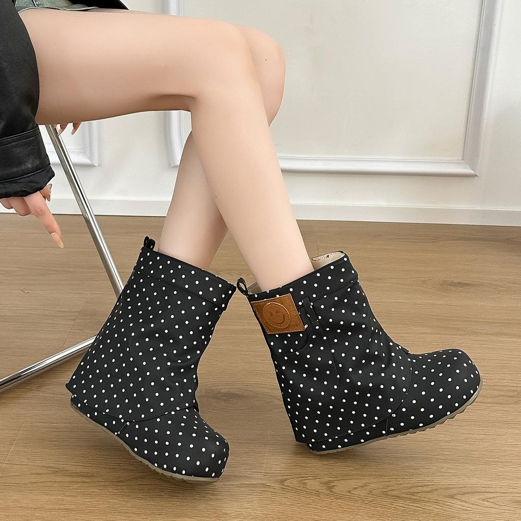 Retro polka dot style comfortable round head medium tube fashion boots women's autumn new small inner height increase big head women's boots