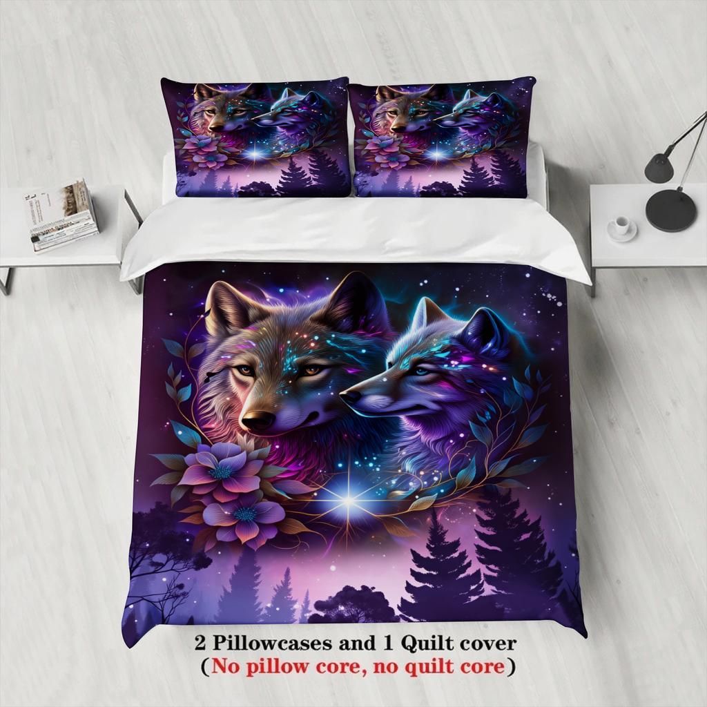 3pcs Purple Bedding Sets Comforter Not Included 3D Printed Valley Flowers Wolve Fox  Bedroom Soft Queen King Size Duvet Cover