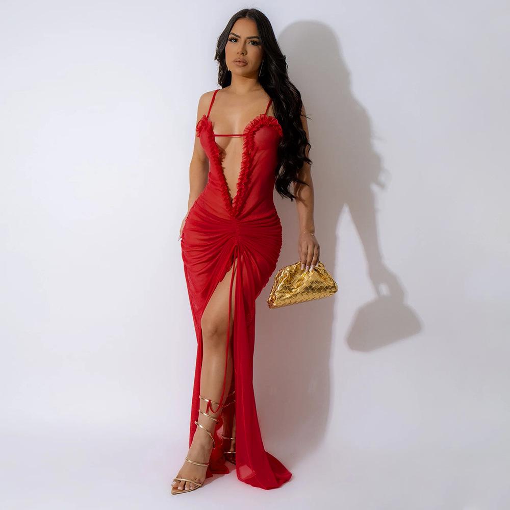 Sexy durchsichtiges Netzkleid mit hohem Schlitz für Damen