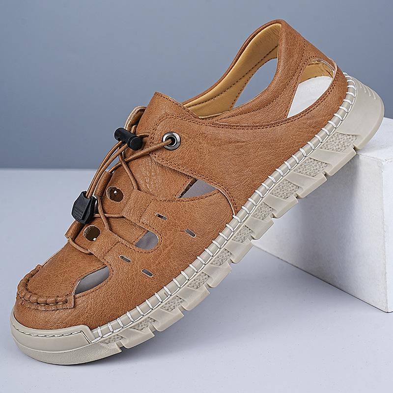 Hard summer leather men's sandals hand-stitched non-slip men's shoes soft-soled outdoor casual shoes bag head shoes